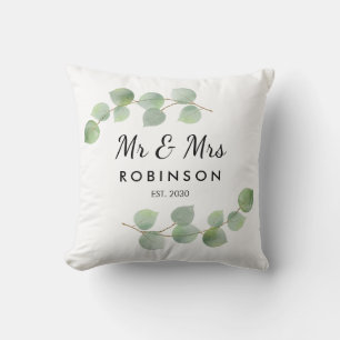Eucalyptus Rustic Modern Mr and Mrs Wedding Gift Cushion