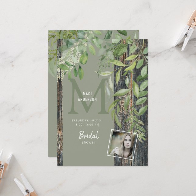 Eucalyptus Rustic Photo Sage Bridal Shower  Invitation (Front/Back In Situ)