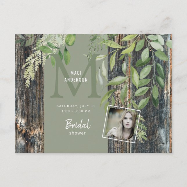 Eucalyptus Rustic Photo Sage Bridal Shower  Invitation Postcard (Front)