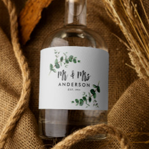 Eucalyptus rustic simple modern mr and mrs favour liquor bottle label