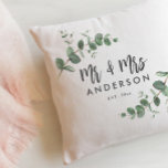 Eucalyptus rustic simple modern mr and mrs gift cushion<br><div class="desc">Budget beautiful delicate eucalyptus foliage wedding or anniversary Mr and Mrs personalized pillow design. Modern elegant on trend sage green,  black,  navy blue and white stylish contemporary rustic collection.</div>