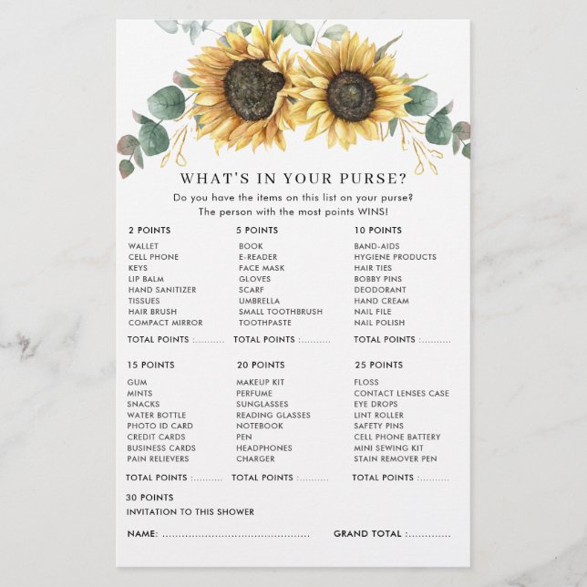 Eucalyptus Rustic Sunflower Bridal Shower Game Stationery (Front)