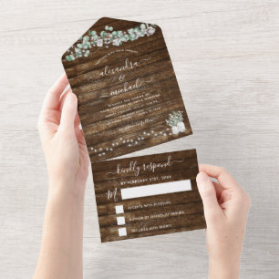 Eucalyptus Rustic Wedding String Lights RSVP  All In One Invitation