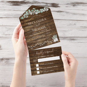 Eucalyptus Rustic Wedding String Lights RSVP All In One Invitation