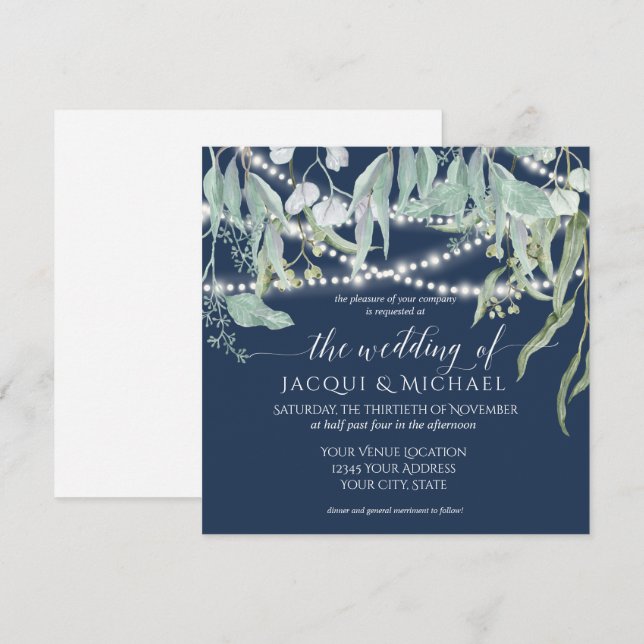 Eucalyptus Rustic Winery Navy String Light Wedding Invitation (Front/Back)