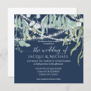 Eucalyptus Rustic Winery Navy String Light Wedding Invitation