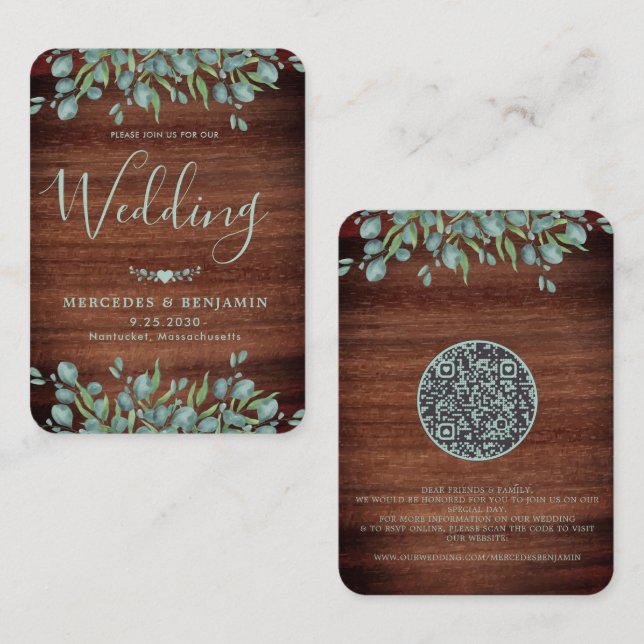 Eucalyptus Rustic Wood QR Code Wedding Invitation (Front/Back)