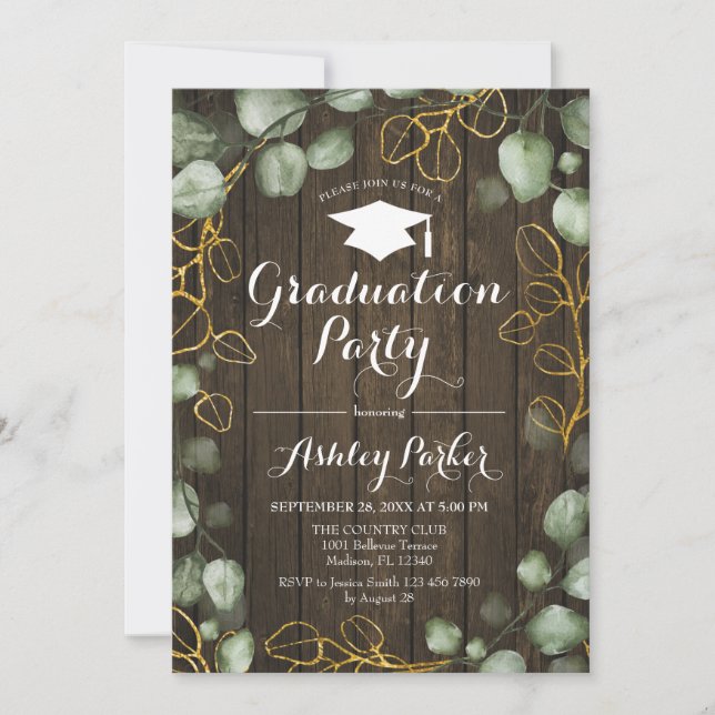 Eucalyptus Rustic Wood Wreath Graduation Party Invitation (Front)