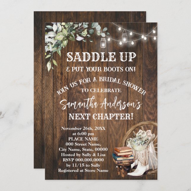 Eucalyptus Saddle Up Boots & Books Bridal Shower Invitation (Front/Back)
