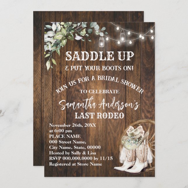 Eucalyptus Saddle Up Put Your Boots Cowgirl Shower Invitation (Front/Back)