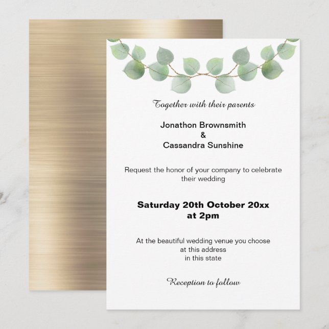 EUCALYPTUS SAGE BRUSHED GOLD WEDDING INVITATION (Front/Back)