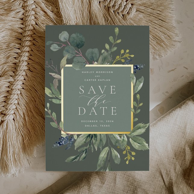 Eucalyptus & Sage Foil Save the Date Card (Creator Uploaded)