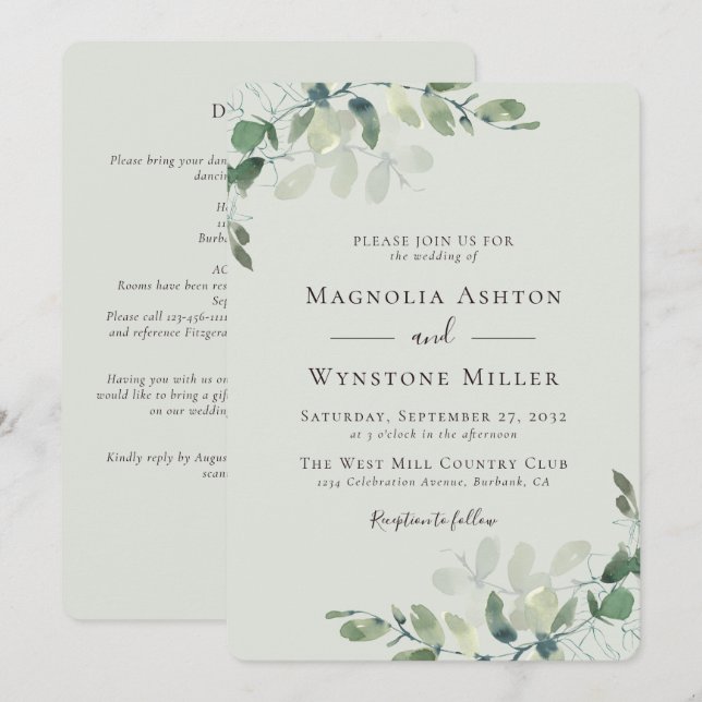 Eucalyptus Sage Green All in One Wedding Invitation (Front/Back)