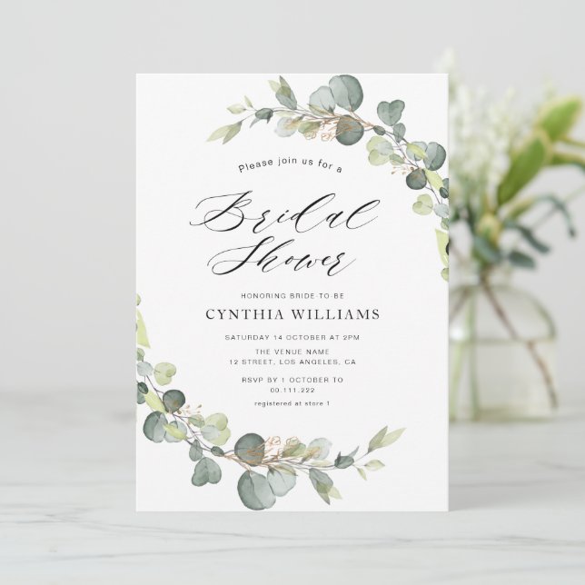 eucalyptus sage green bridal shower invitation (Standing Front)