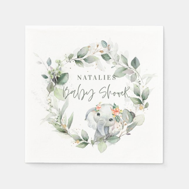 eucalyptus sage green cute elephant baby shower  napkin (Front)