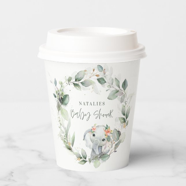 eucalyptus sage green cute elephant baby shower  paper cups (Front)
