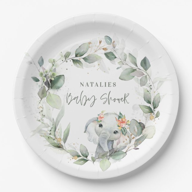 eucalyptus sage green cute elephant baby shower  paper plate (Front)