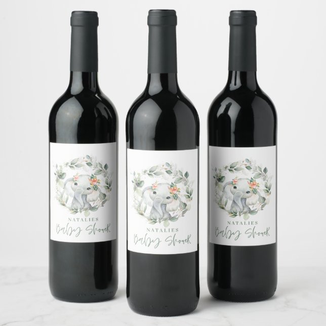 eucalyptus sage green cute elephant baby shower wine label (Bottles)