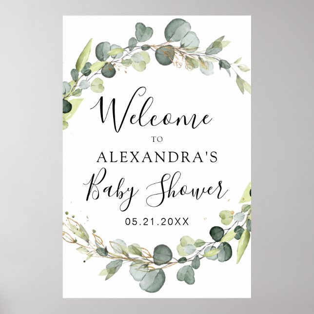 Eucalyptus Sage Green Floral Baby Shower Poster (Front)