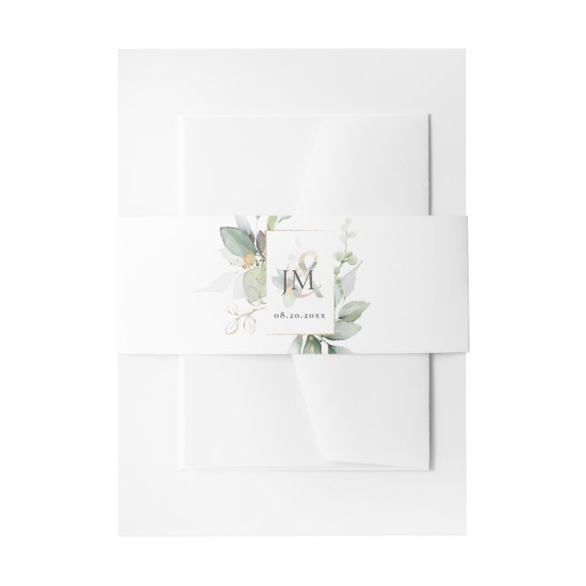Eucalyptus Sage Green Gold Monogrammed Invitation Belly Band (Front Example)