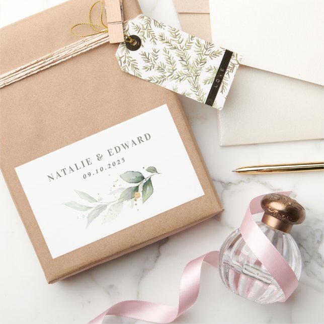 Eucalyptus sage green gold wedding favour rectangular sticker (Gifting)