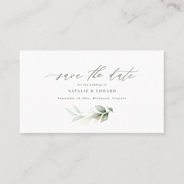 Eucalyptus sage green gold wedding save the date place card (Front)