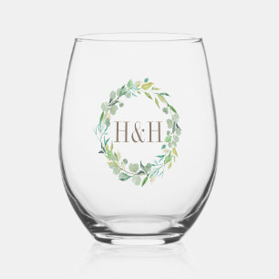 Eucalyptus Sage Green Watercolor Floral Monogram Stemless Wine Glass