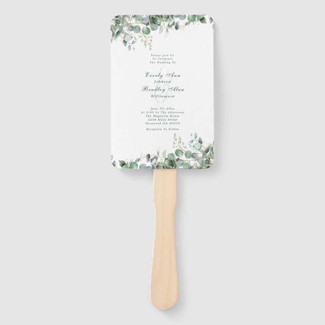  Eucalyptus Sage Green Watercolor Greenery Wedding Hand Fan (Front)