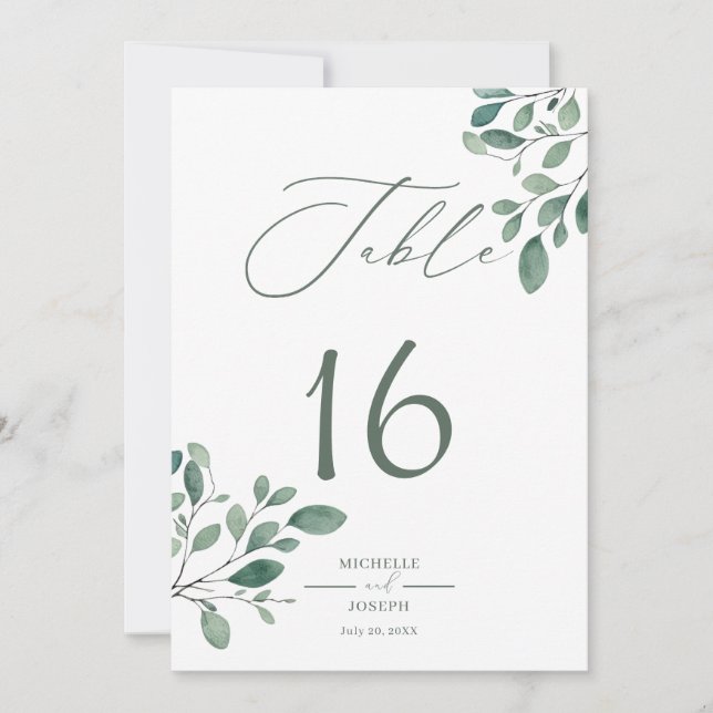 Eucalyptus Sage Green Watercolor Table Number Card (Front)