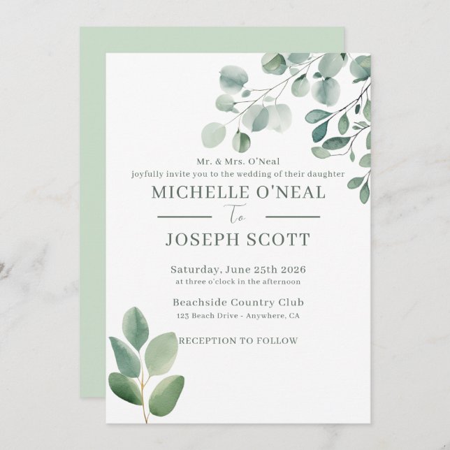 Eucalyptus Sage Green Watercolor Wedding Invitation (Front/Back)
