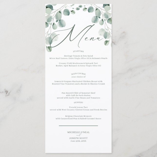 Eucalyptus Sage Green Watercolor Wedding Menu (Front)