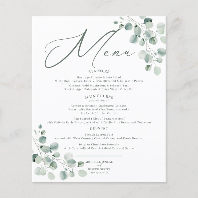 Eucalyptus Sage Green Watercolor Wedding Menu (Front)