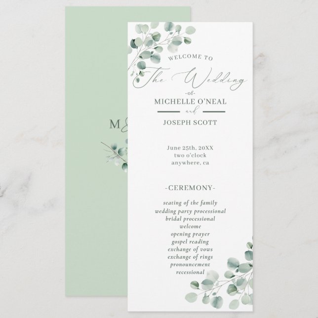 Eucalyptus Sage Green Watercolor Wedding Program (Front/Back)