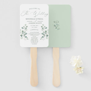 Eucalyptus Sage Green Watercolor Wedding Program Hand Fan