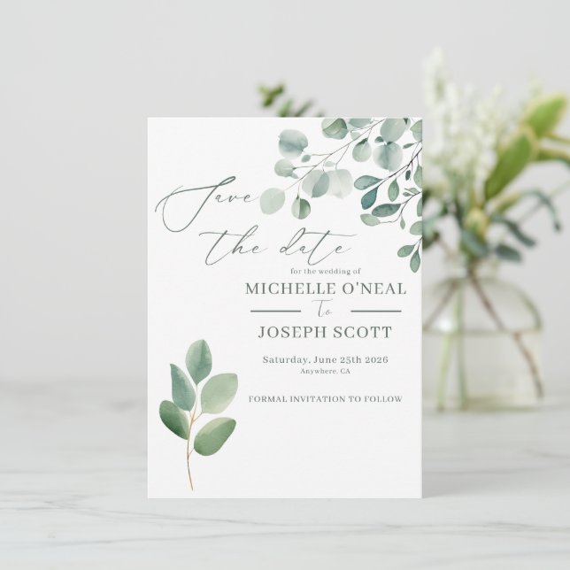 Eucalyptus Sage Green Watercolor Wedding Save The Date (Standing Front)