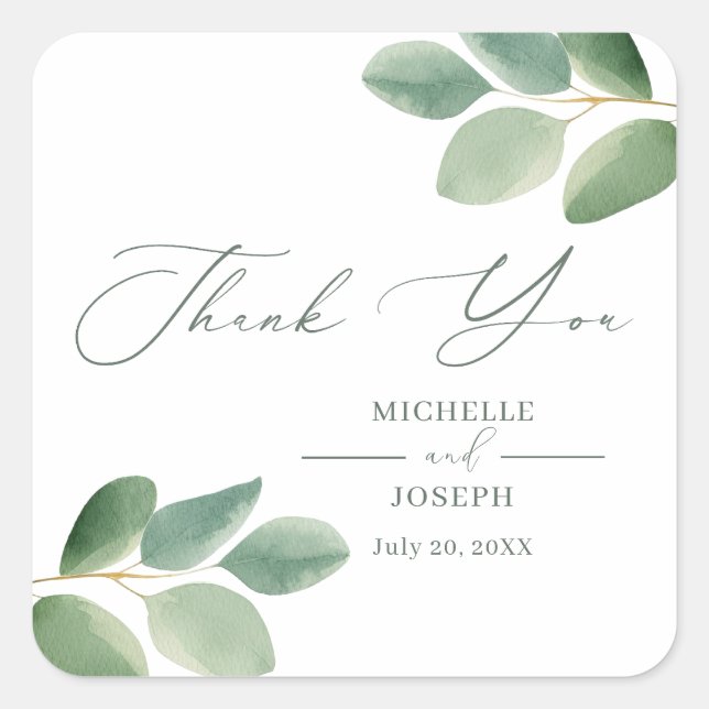 Eucalyptus Sage Green Watercolor Wedding Square Sticker (Front)
