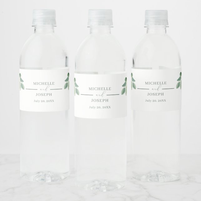 Eucalyptus Sage Green Watercolor Wedding Water Bottle Label (Bottles)