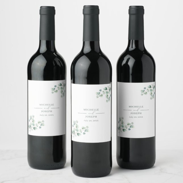 Eucalyptus Sage Green Watercolor Wedding Wine Label (Bottles)