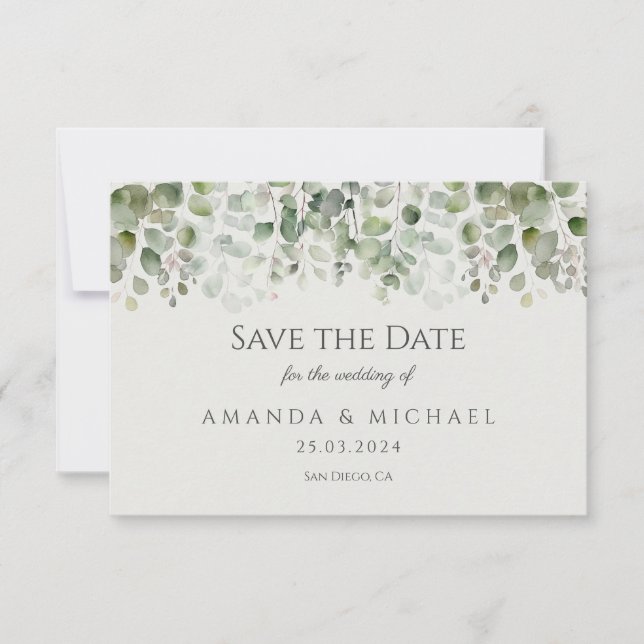 Eucalyptus Sage Green Wedding Save The Date (Front)