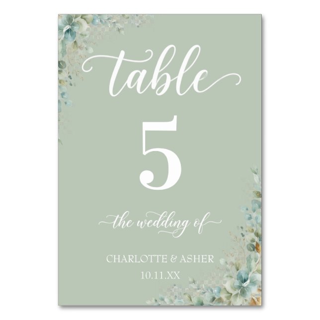 Eucalyptus Sage Green Wedding Table Numbers Sign (Front)