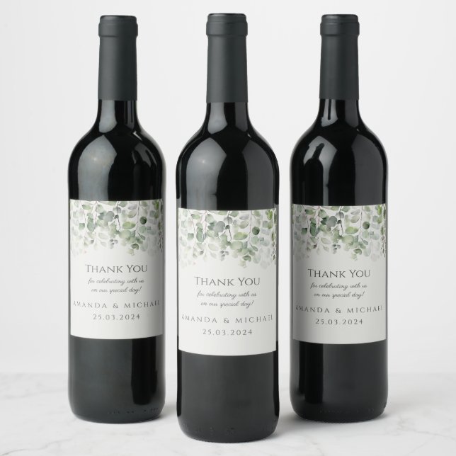 Eucalyptus Sage Green Wedding Thank You  Wine Label (Bottles)