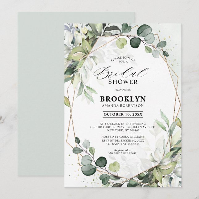 Eucalyptus Sage Greenery Geometric Bridal Shower Invitation (Front/Back)