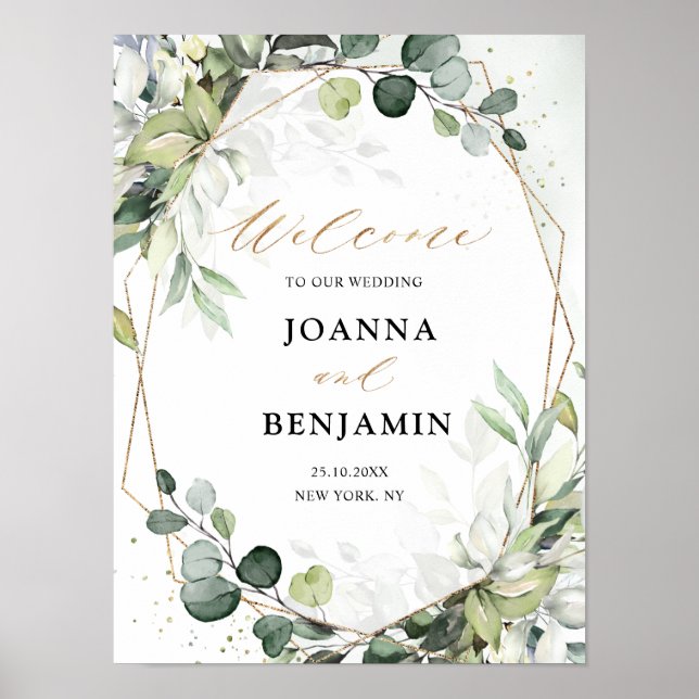 Eucalyptus Sage Greenery Geometric Wedding Welcome Poster (Front)