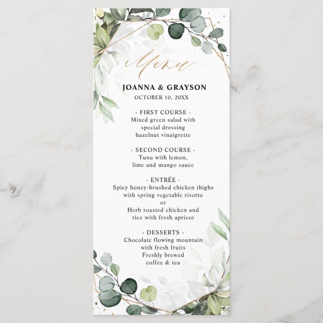 Eucalyptus Sage Greenery Modern Geometric Wedding Menu (Front)