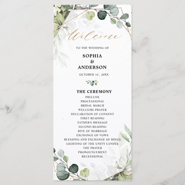 Eucalyptus Sage Greenery Modern Geometric Wedding Programme (Front)