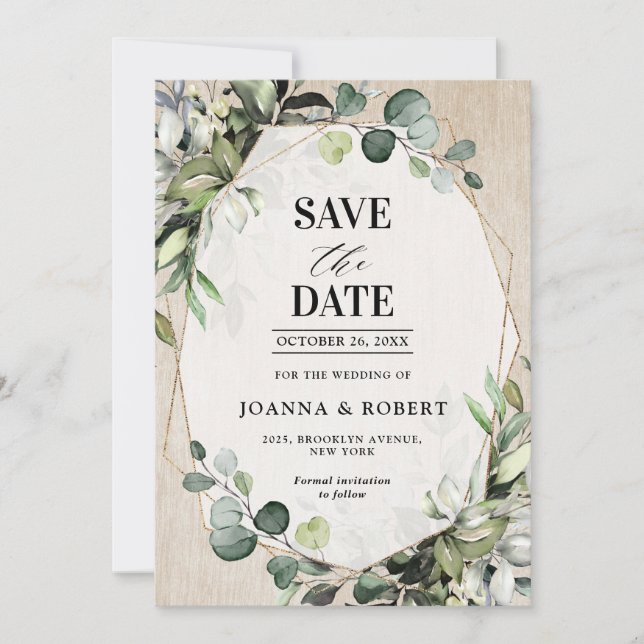 Eucalyptus Sage Greenery Modern Geometric Wedding  Save The Date (Front)