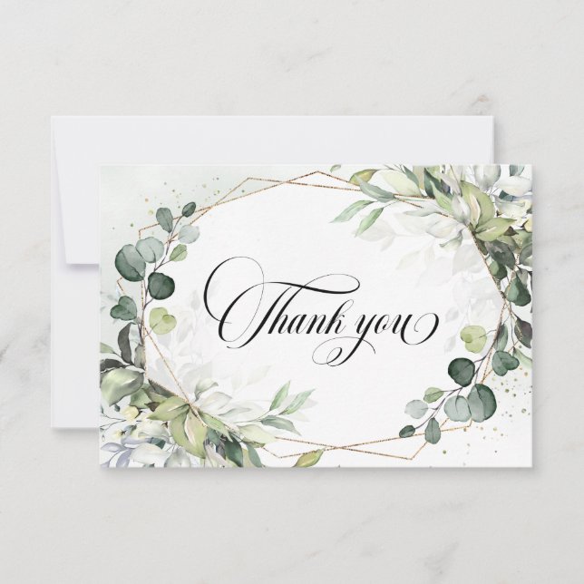 Eucalyptus Sage Greenery Modern Geometric Wedding Thank You Card (Front)