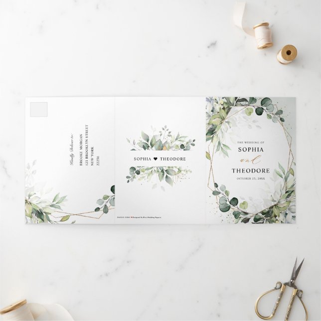 Eucalyptus Sage Greenery Modern Geometric Wedding  Tri-Fold Announcement (Outside)