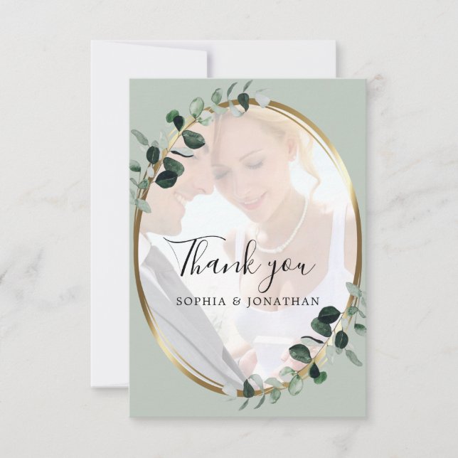 Eucalyptus Sage Photo Gold Metallic Wedding Thank You Card (Front)