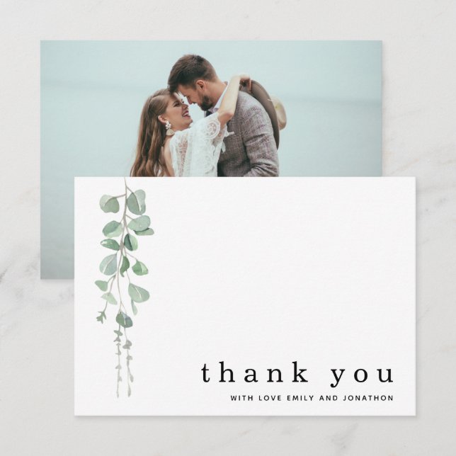 Eucalyptus Sage Photo Names Wedding Thank You Card (Front/Back)
